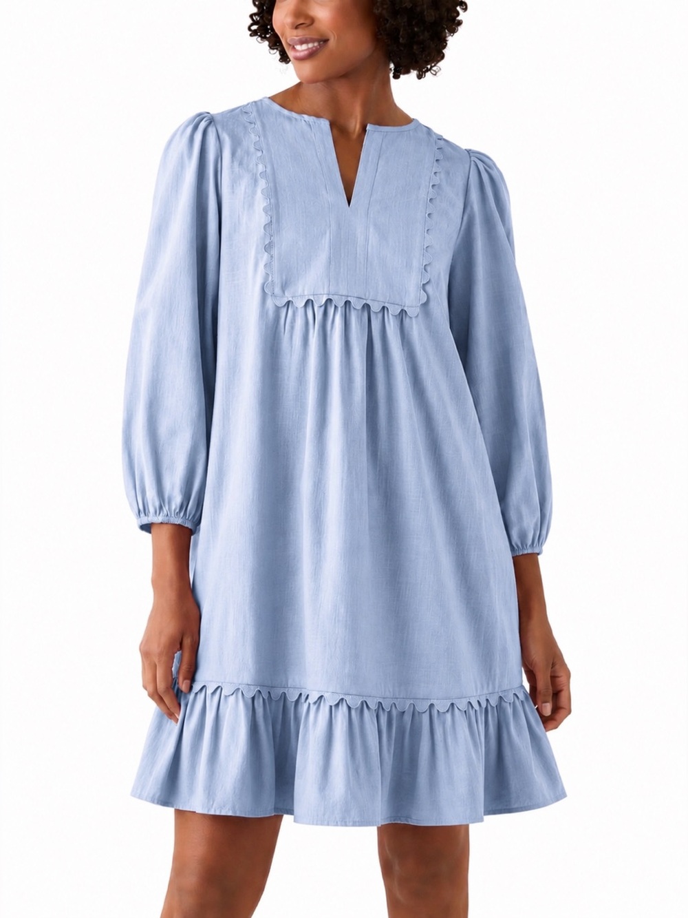 Crown & Ivy Chambray Blue Ric Rac Scallop 3/4 Sleeve Mini Dress, size L